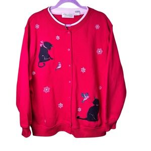 Vintage Extra Shenanigans Red Cat‎ Bird Snowflake Button Up Cardigan Sweater 1X